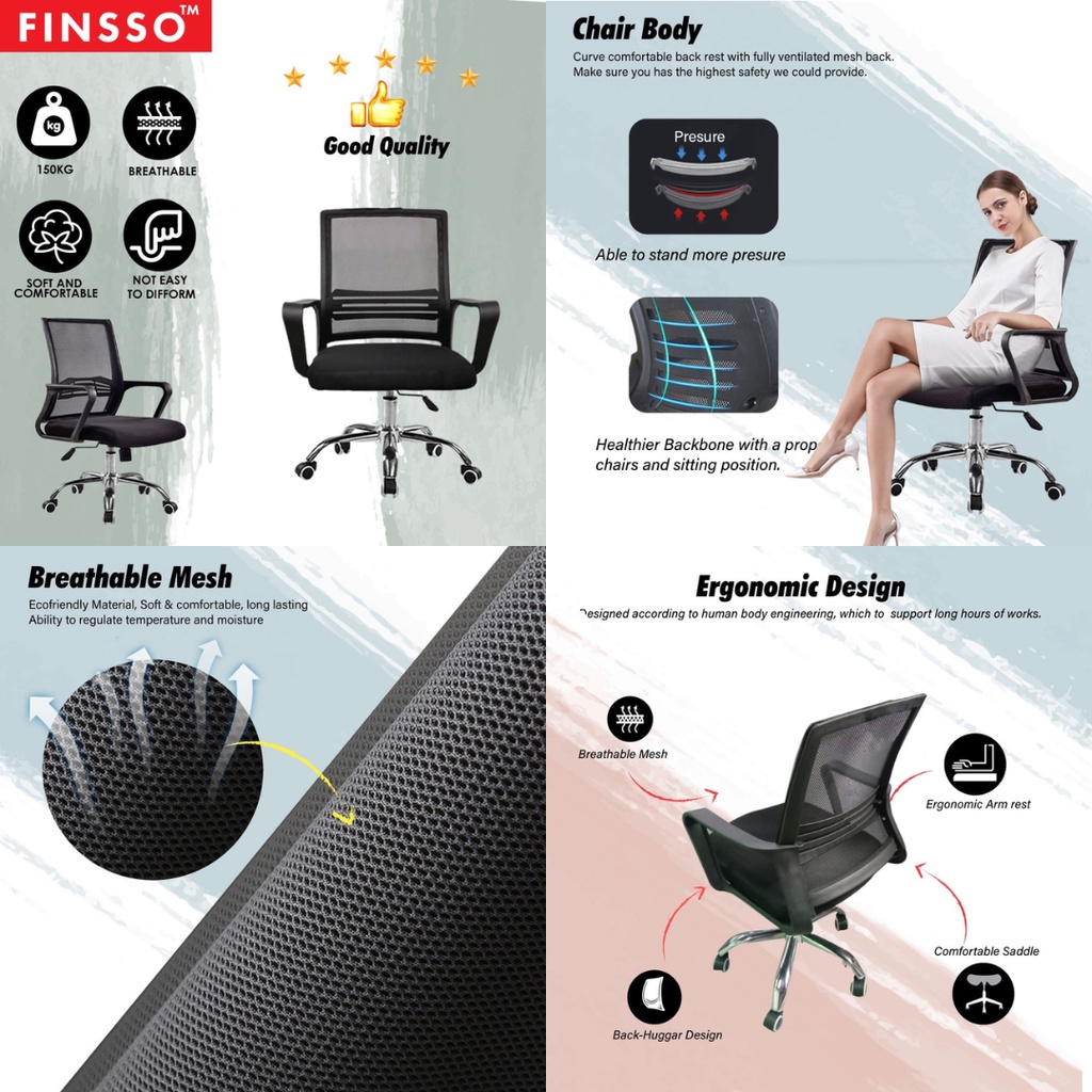 [READY STOCK] FINSSO: Adjustable Swivel Med - Back Mesh 4005 Office Chair with Chrome Leg (LIMITED UNIT)