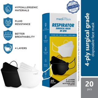 Image of Medimask Surgical Face Masks Respirator Adult KF-B98 | Black & White (20S)