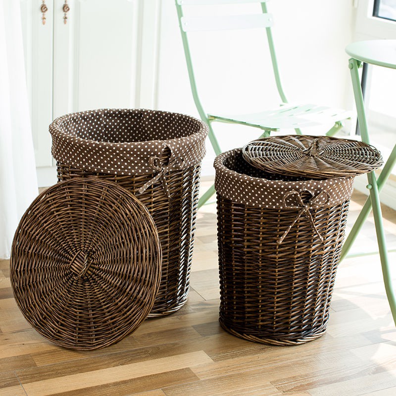 Rattan Wicker Laundry Basket With Lid Round Storage Hot Pot Shop Clothes Toy Bucket Woven Basket Shopee Malaysia