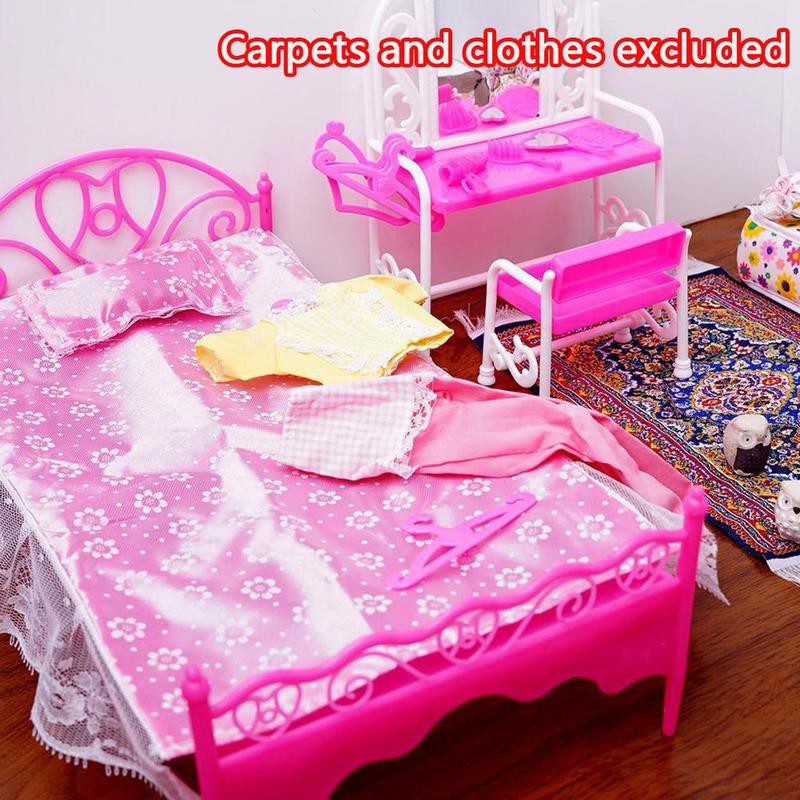 Fashion Pink Bed Dressing Table Chair Set For Barbies Dolls Bedroom Furniture