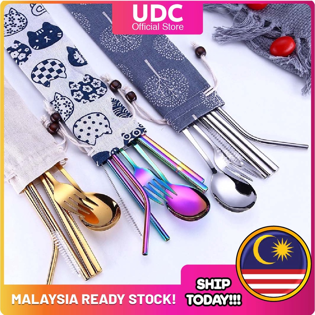 UDC 304 Stainless Steel Straw 7 In 1 Utensil Spoon Fork Chopstick Straw Set Reusable Metal Cutlery Set/ Set Sudu Makan
