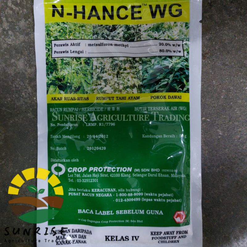 50g N-Hance wg/metsulfuron-methyl/ Akar Ruas/ Rumput tahi ayam/ Pokok Dawai/Rumput Gajah/Akar Kala/Senduduk/ Kerbau/crop