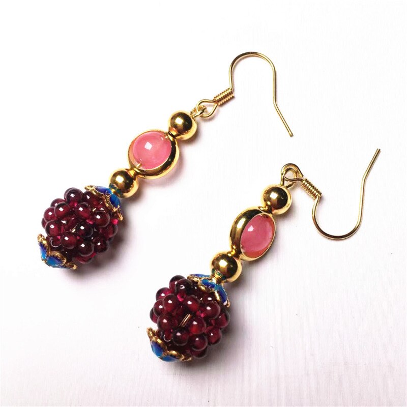 Natural Garnet Ball Earrings Female Colorful Stones Ear drop Handmade Knitted Earings Ethnic Jewelry Gift_voghion.com