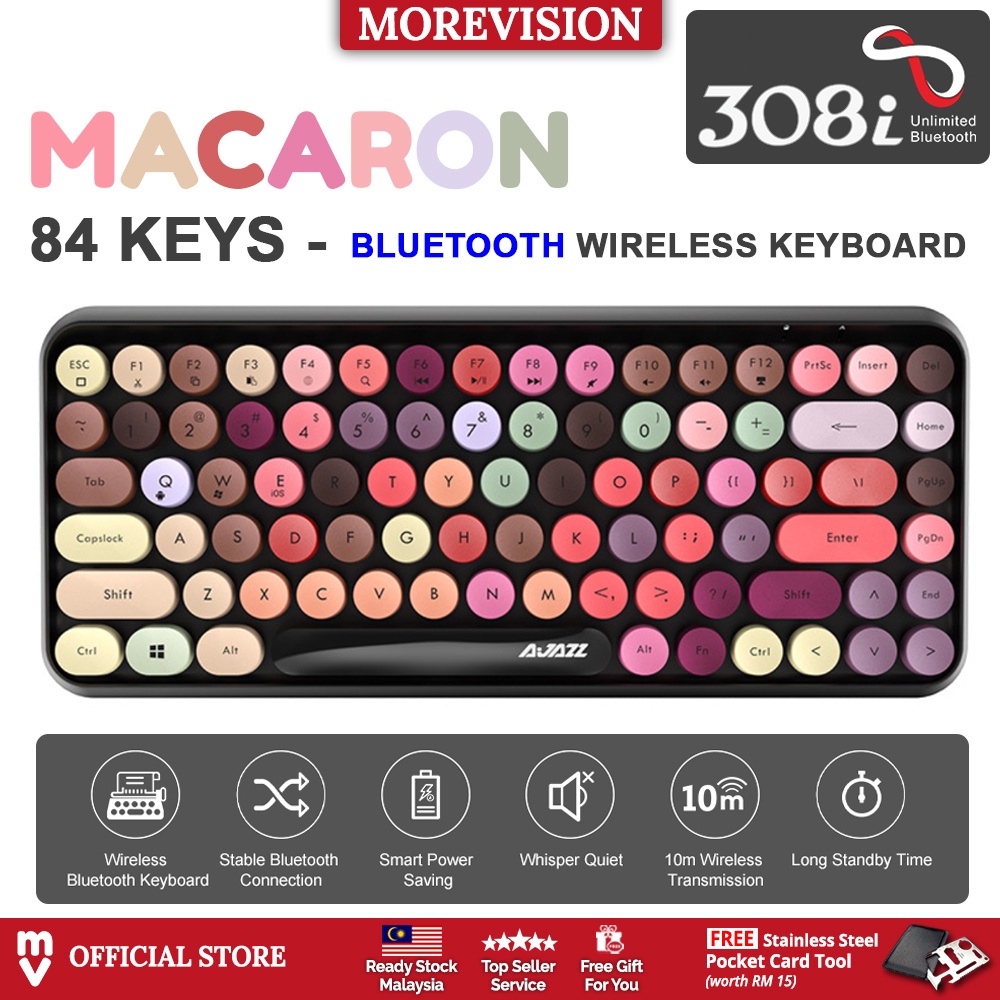 Ajazz 308i Bluetooth Wireless Keyboard Macaron Colors 84 Keys Round Keycaps Mechanical for Laptop PC Tablet Gaming