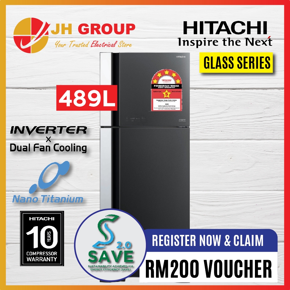 HITACHI 489L INVERTER 2 DOOR GLASS REFRIGERATOR R-VG580P7M ...