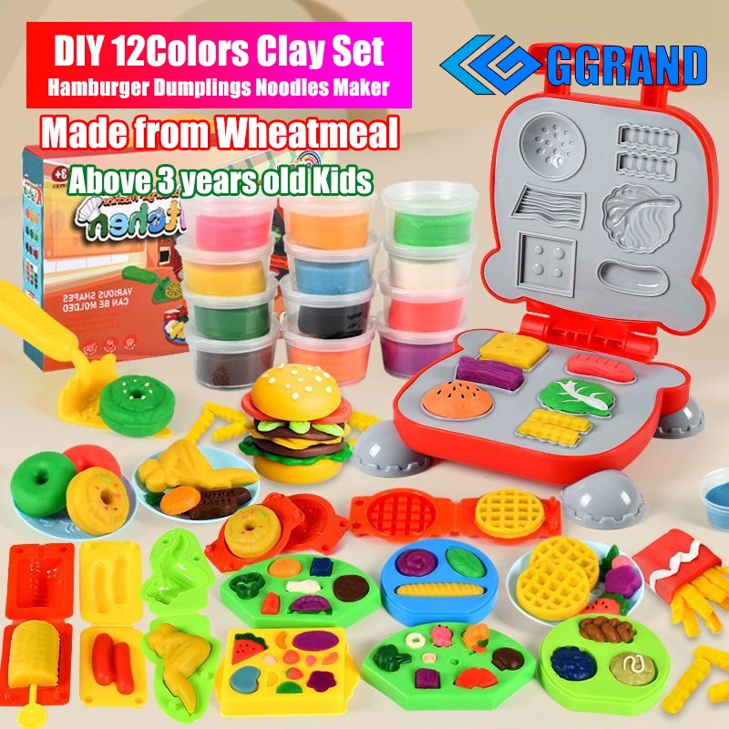 【Ready Stock】Play Doh Set Pretend Play Play Doh Clay Play Dough Playset Plasticine Slime Set Slime Kit Making Hamburger Noodles Dumplings Ice cream Machine Mould Play Toy Kitchen Toy Cooking Playset Kid Fun Game Tanah Liat