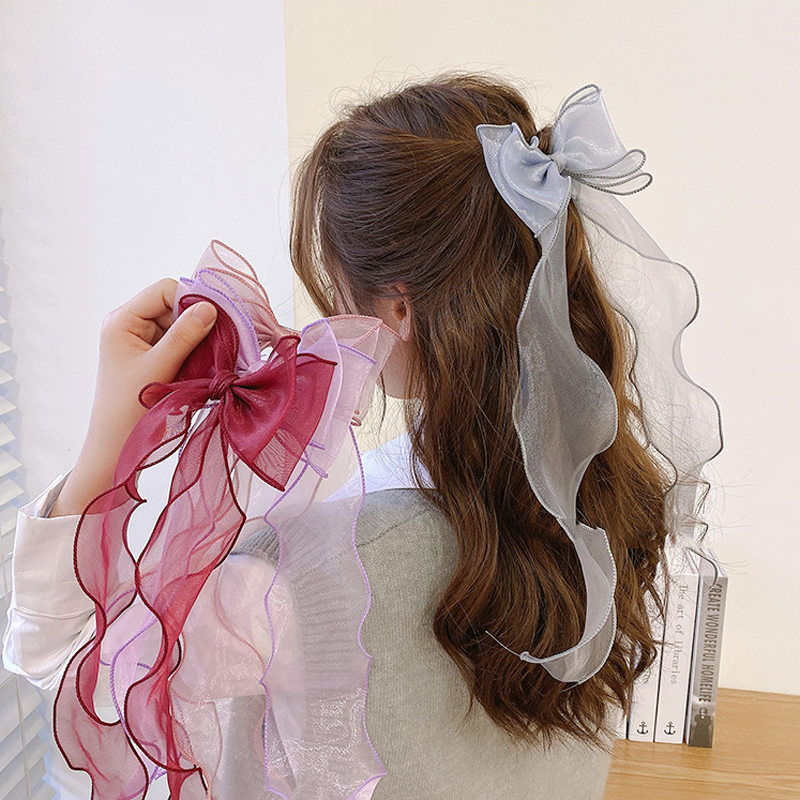 Red Bow Long Ribbon Hairpin Korean Fashion Lace Braided Hair