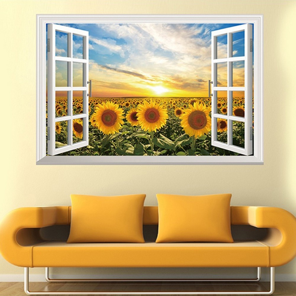 Yellow Sunflower 3d Window Wall Decals Stickers Home Living Room Decor Wallpaper