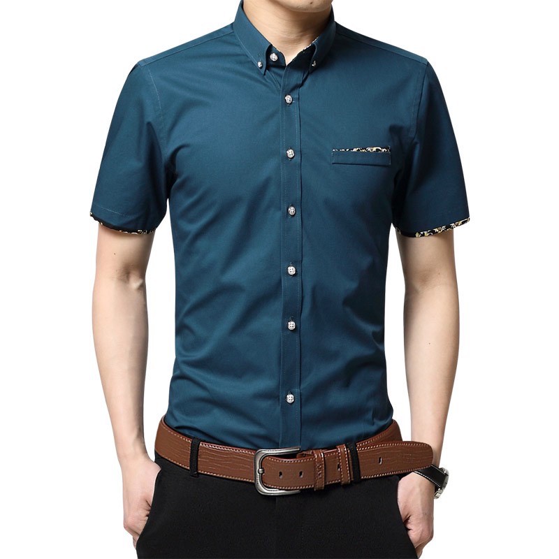 Plain Business Shirt Slim Fit Short Sleeve Cotton Solid Casual Men ...