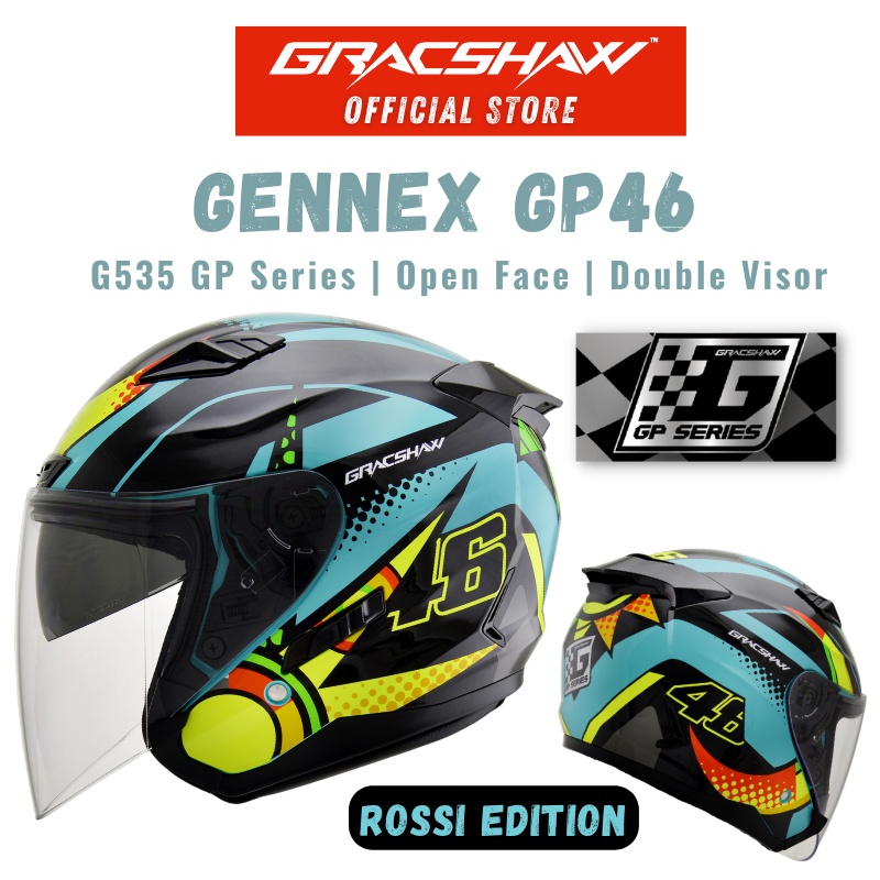 Gracshaw Gennex MotoGP Series GP 46/Open Face/Double Visor Helmet/ Racing Team VR46/Motorcycle