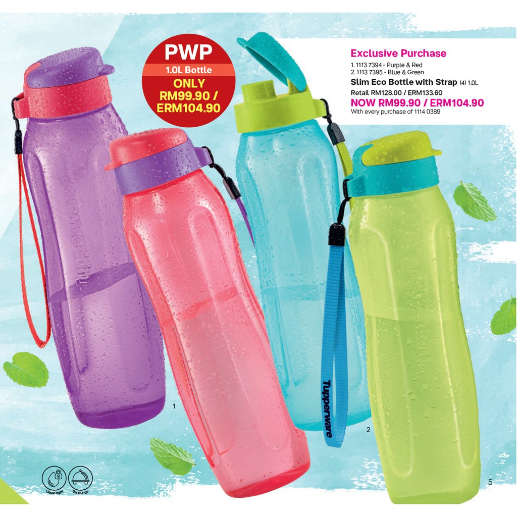 Tupperware Slim Eco  Bottle with Strap 1L Dwicolour Botol  