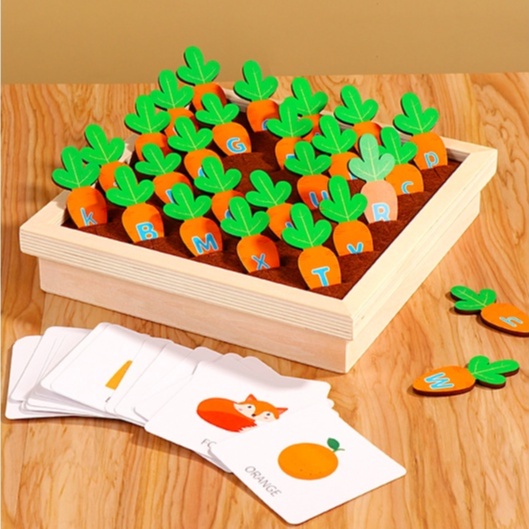 Kids Wooden Carrot Alphabet Toys Flash Card Memory Game Matching Grow