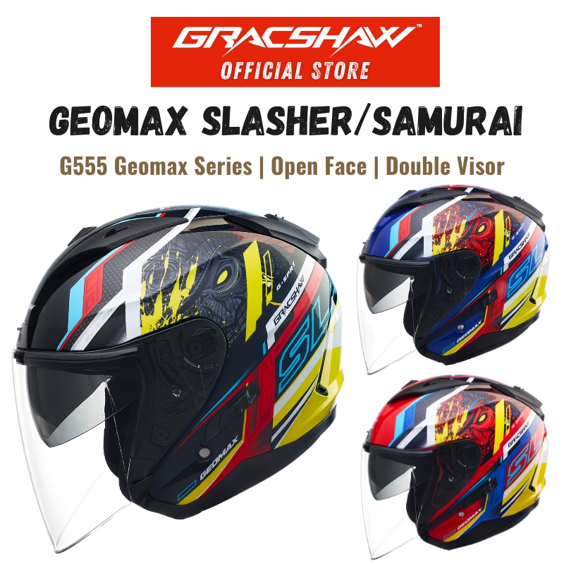 Gracshaw Helmet Geomax G555 Slasher/Samurai/Double Visor/Open Face Helmet/Shadow Black/Soul Red