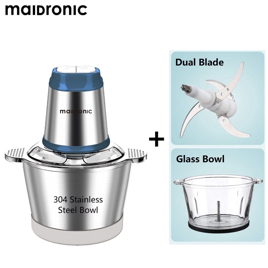 Aicook X Maidronic Dual bowl Dual blade  Electric Food Chopper Meat grinder with 2L Glass Bowl and S.Steel Bowl ( BLUE )