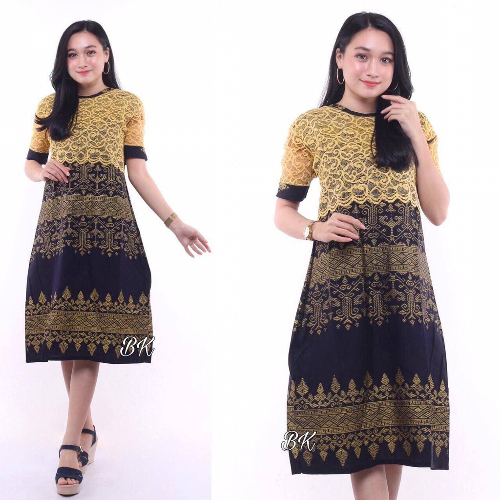 dress batik kombinasi brokat lengan panjang di malaysia