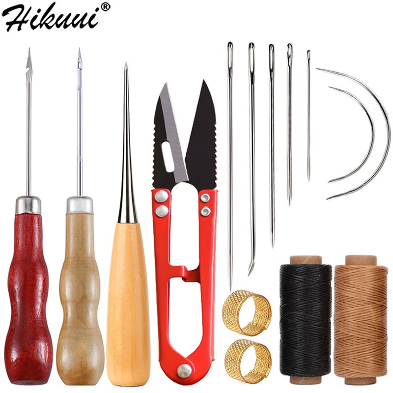 Leather Sewing Set Handbag Shoe Handmade Sewing Repair Kit with Awl Waxed Thread Scissors Stitching Needles Thimble Total 15 Pcs