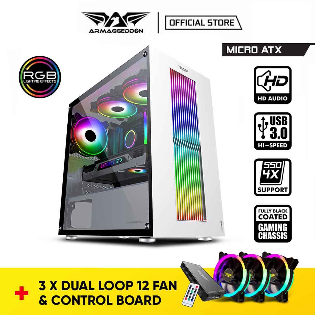 Armaggeddon Tron VII ATX Gaming PC Case with Tempered Glass Side Panel Design | Free 3 Unit Cooling Fan + Control Board