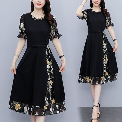 Spot goods??Chiffon Stitching Dress Women Plus Size 2022 Summer Popular Women's Clothing Slim-Fit Slimmer Look Temperame