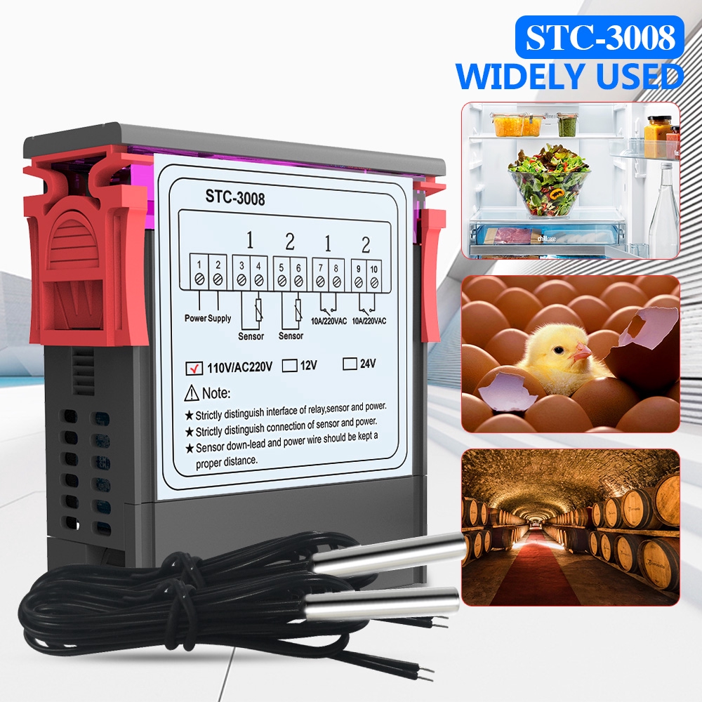 110-220V STC-3008 Dual Display 2-Way Microcomputer Temperature Controller Probe