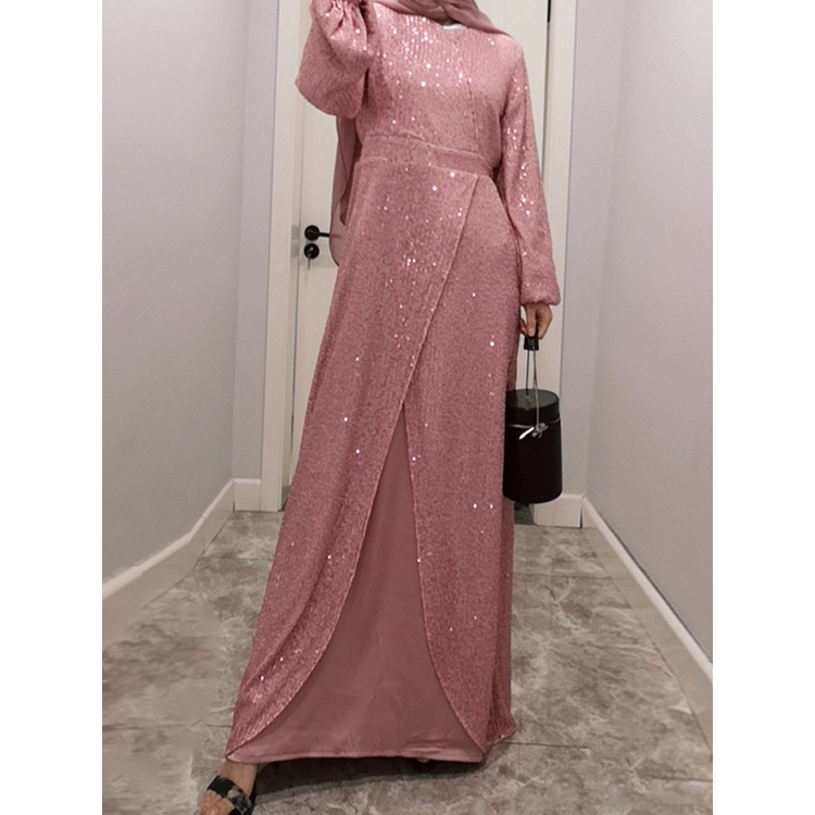 Ramadan Eid Sequins Fake 2-piece Dress Elegant Full Lined Robe Islam Clothing Women Muslim Abaya Dubai Saudi Turkish Modest Gown