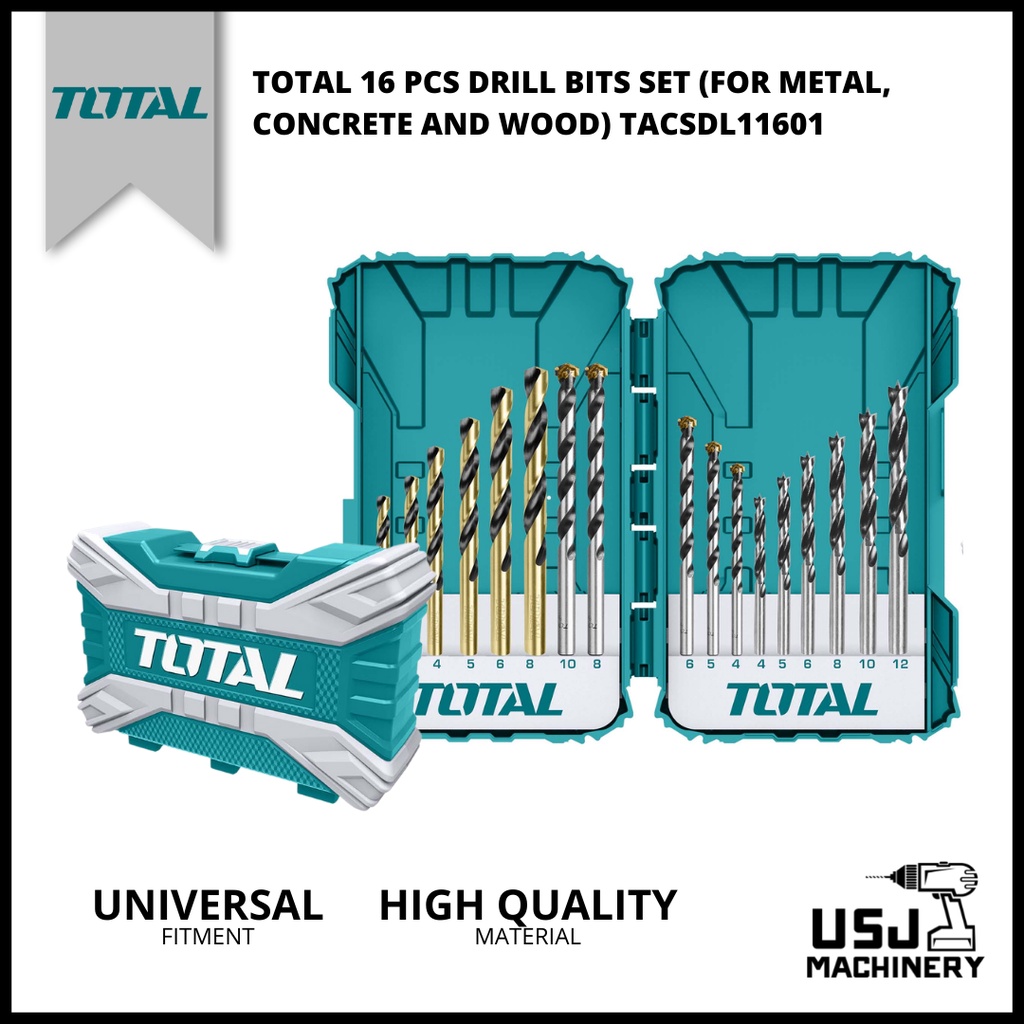 TOTAL 16 pcs Drill Bits Set (For Metal, Concrete and Wood) TACSDL11601