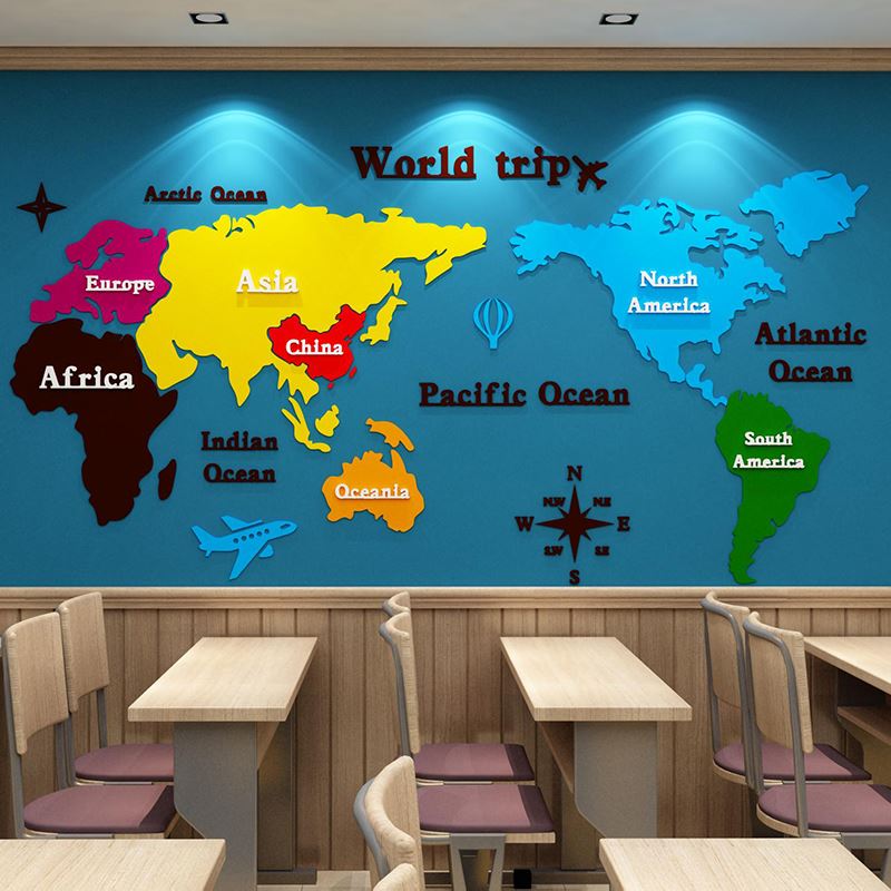 World map wall decoration English training institutions classroom layout  class cultural background wall sticker 3D stere | Shopee Malaysia