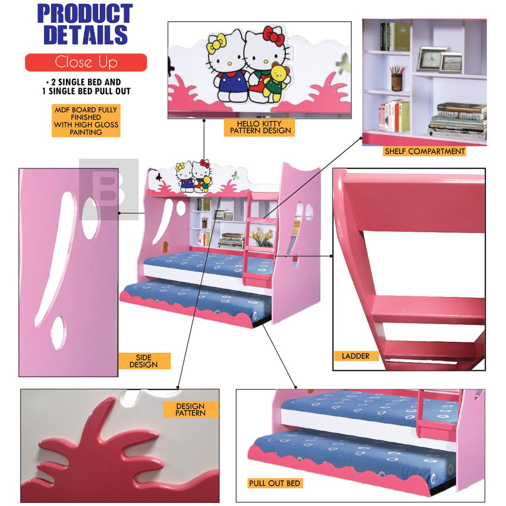 Bahagia Hello Kitty 2 Single Bed And 1 Single Bed Pull Out