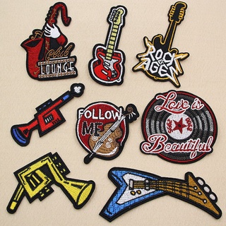 ROCK Bass Saxophone Small Trumpet And Other Musical Instruments Combination Embroidery Cloth Stickers Clothes Badges Armbands Pants Patch Decals With Adhesive Can Be Ironed Sewn Unique Di