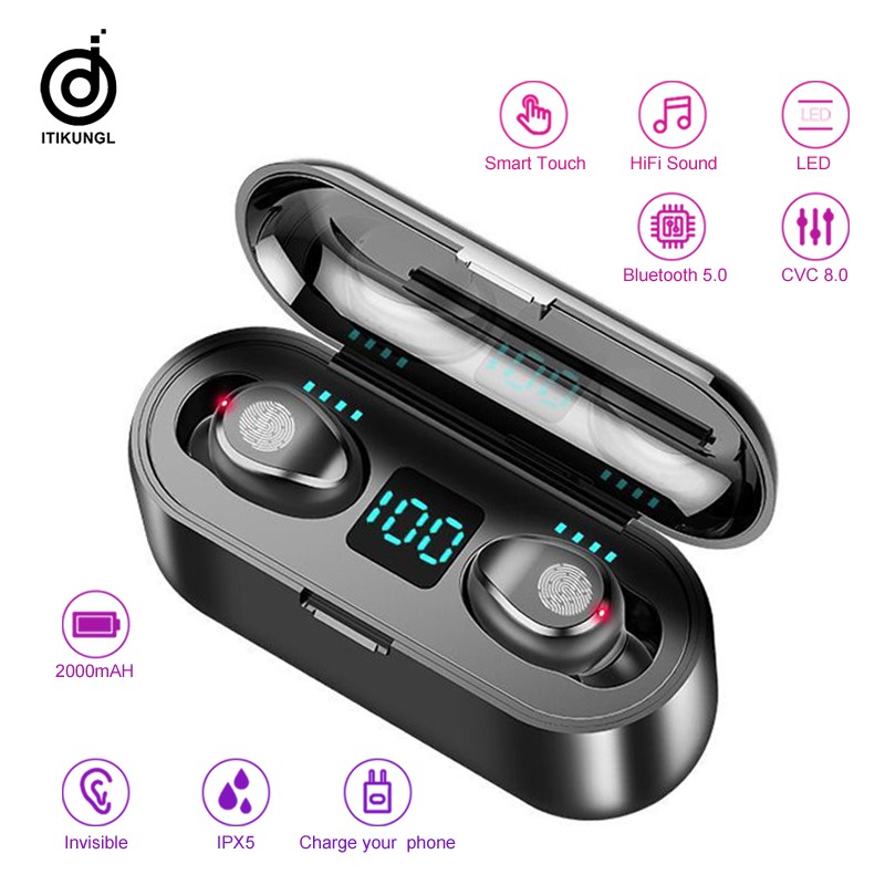 F9 TWS Earphone Wireless Bluetooth Headphone LED Display With 2000mAh Power Bank Headset With Microphone