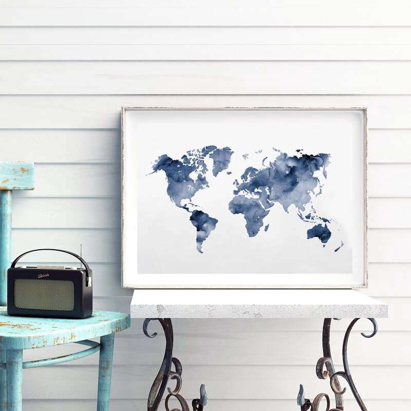 Blue World Map Wall Art Blue World Map Print Navy Map Poster Traveler Gift Abstract Watercolor Wall  Art Canvas Painting Picture For Living Room Decor | Shopee Malaysia