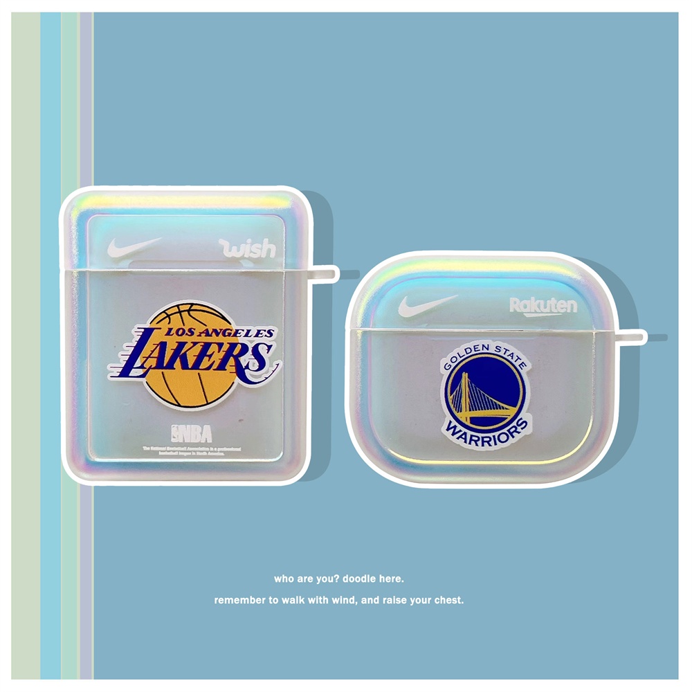 Airpods 1 2 3 Pro Case Cover Laser Basketball Team Lakers Warriors Logo Tide Trendy Hard Shell Wireless Headphone Case with Hook Air Pods Gen 3 Headphone Charging Case Cover