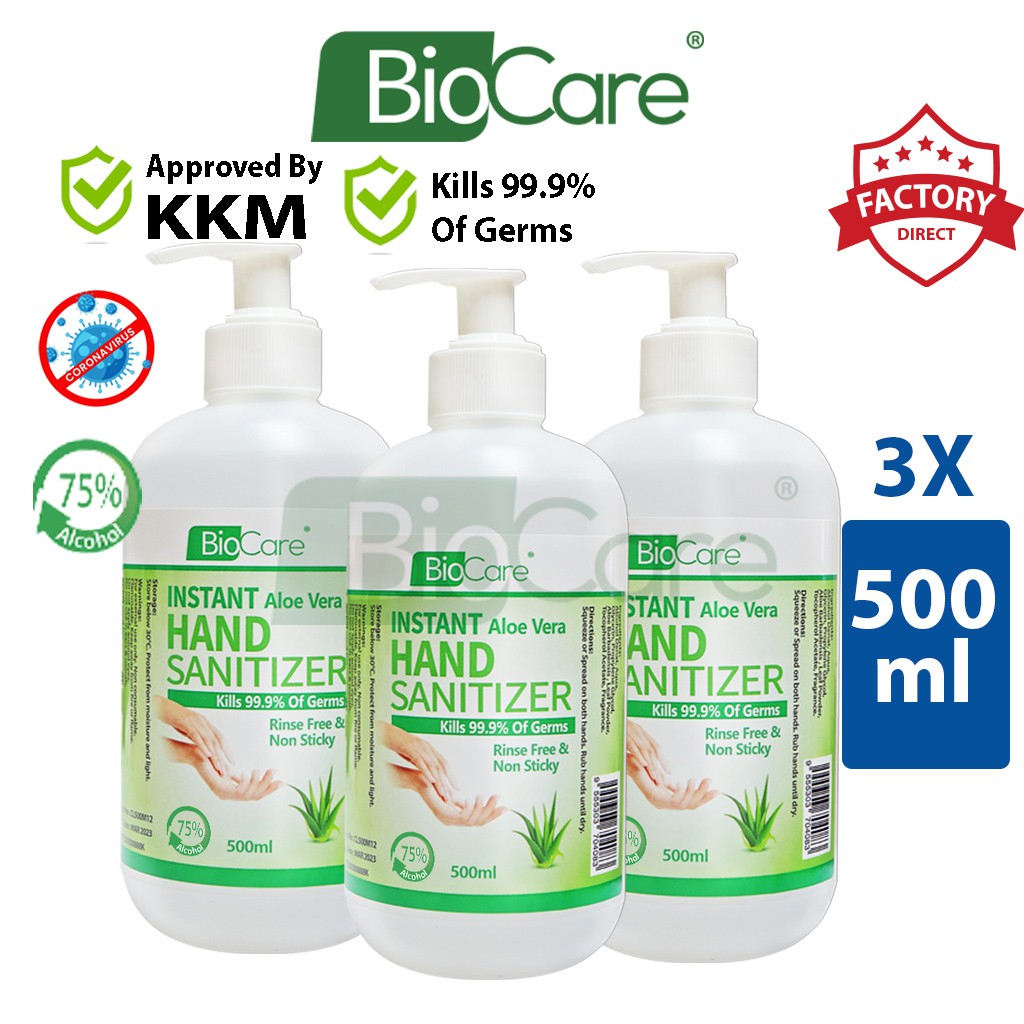 Biocare Instant Hand Sanitizer Liquid With Aloe Vera 3 X 500 Ml
