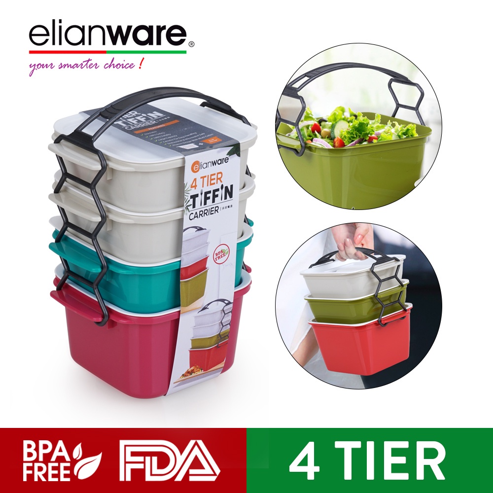 Elianware 2/3/4 Layer Tier Microwaveable BPA Free Square Tiffin Food Carrier Lunch Box with Carrier