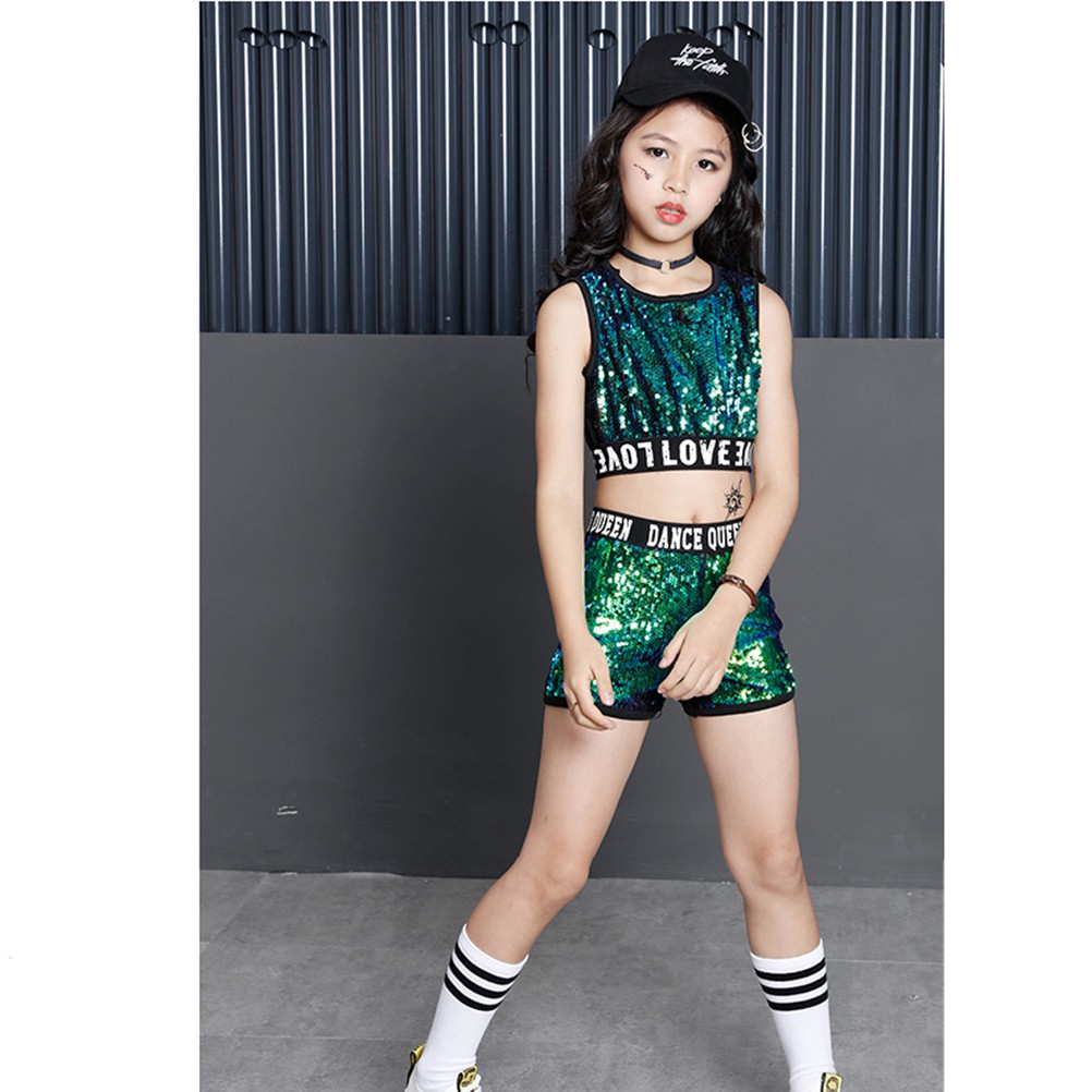 Moggemol Kids Girls 2 Piece Dance Outfits Sequins Crop Top with Metallic Shorts Set Jazz Hip Hop Dancewear 