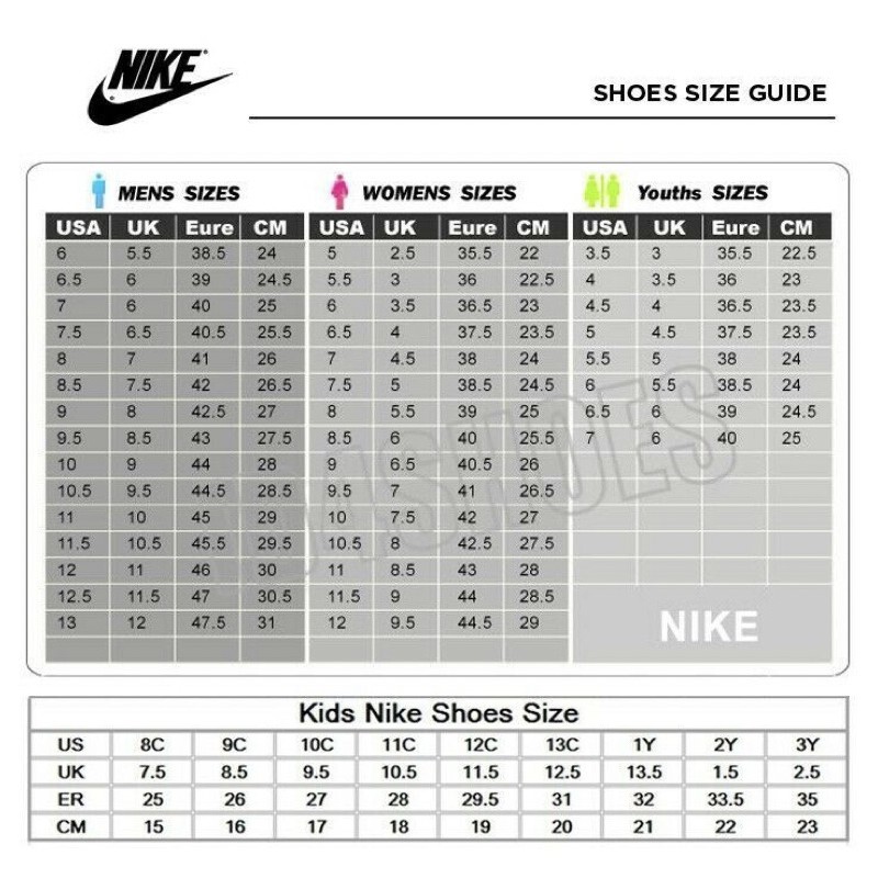 size kasut nike