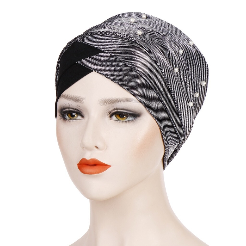 Fashion Indian Hats Forehead Cross Stretch Beaded Inner Hijabs Female Headscarf Bonnet With Wraps Women Turban Caps