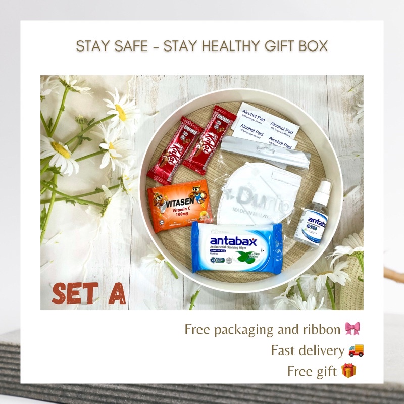 Stay Safe Gift Box KN95 KF94 Medical Face Mask Antabax Sanitizer Wipes Chocolate Box Alcohol Pads Vitamin C Paracetamol