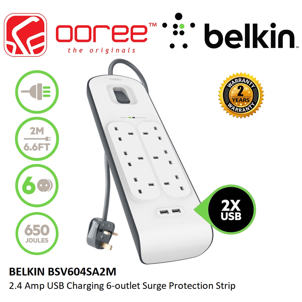 BELKIN 6 PLUGS + 2USB EXTENSION SOCKET LIGHTNING SURGE PROTECTOR SOCKET ...