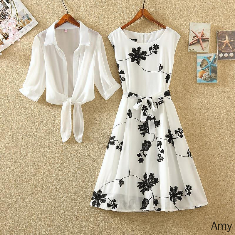 【Limited time hot sale】 One piece / suit Amoi retro print little black dress high waist sleeveless thin A-line dress two-piece dress