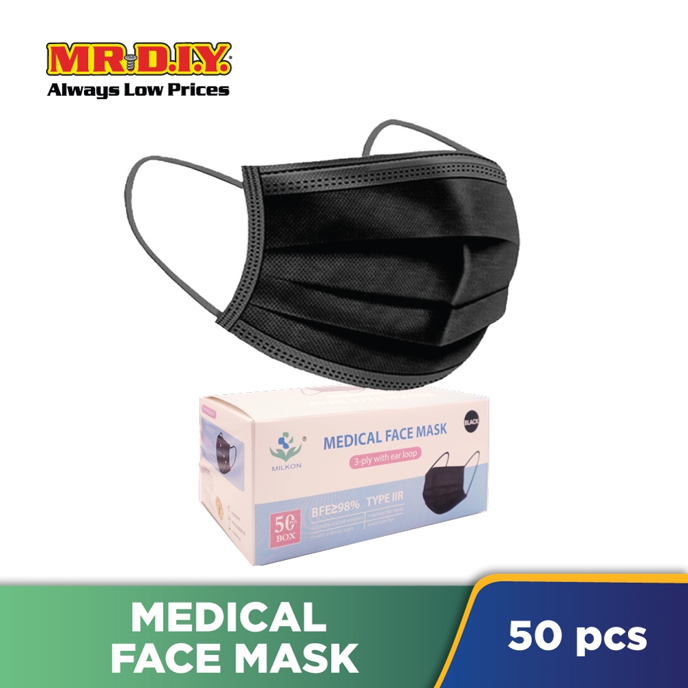 MILKON 3-ply Disposable Medical Face Mask Black (50 pieces) | Shopee ...