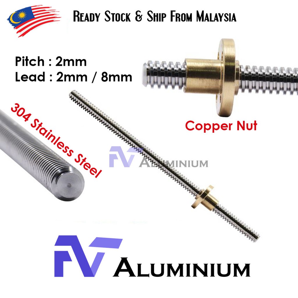 T8 Lead Screw Thread Diameter 8mm Pitch 2mm Lead 2mm 8mm Rod Copper Nut For 3d Printer Screw