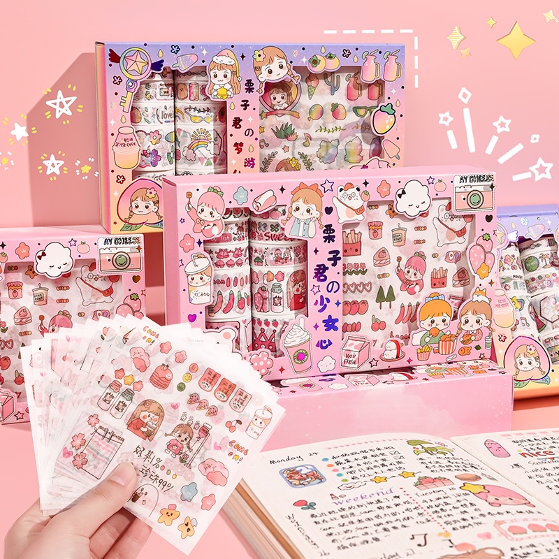 栗子君少女心贴纸套装10贴纸10胶带Small Fresh Chestnut Jun Sticker Tape Set 10 Stickers+10  No Cutting Cute Girl Student Diary diy Decorative Material | Shopee Malaysia