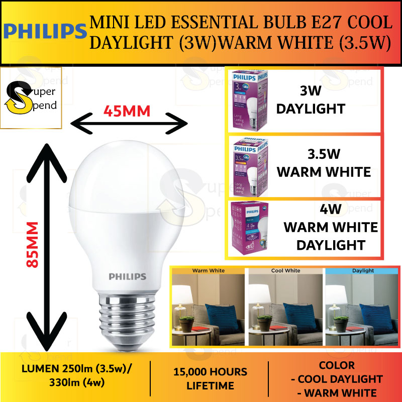 modbydeligt Plenarmøde tsunamien 3W / 3.5W / 4w ] Philips Mini LED Essential Bulb E27 Cool Daylight (3w)  Warm White (3.5w) | Shopee Malaysia