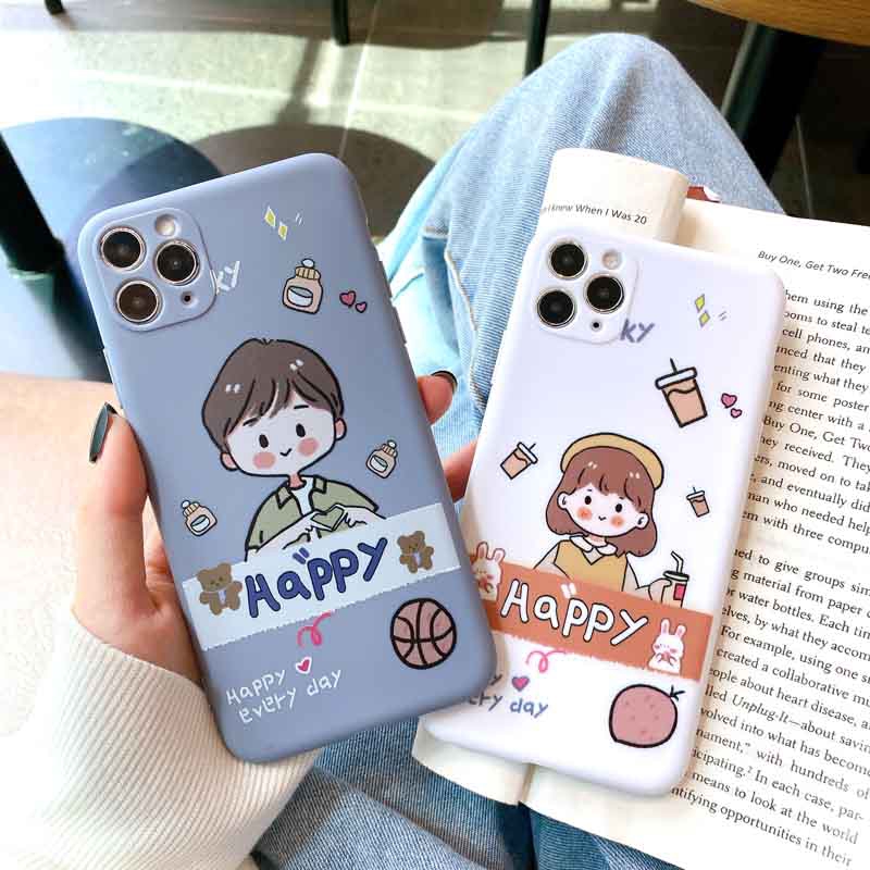 Casing Soft Matte Cartoon Motif happy boy girl Couple Case OPPO A92