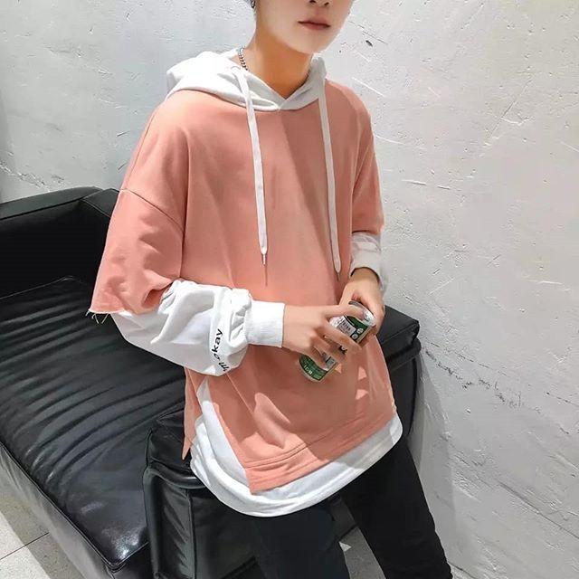 Oversized Two Layer Hoodie Two Tone Double Layer Swag Style Boy Pink Brown