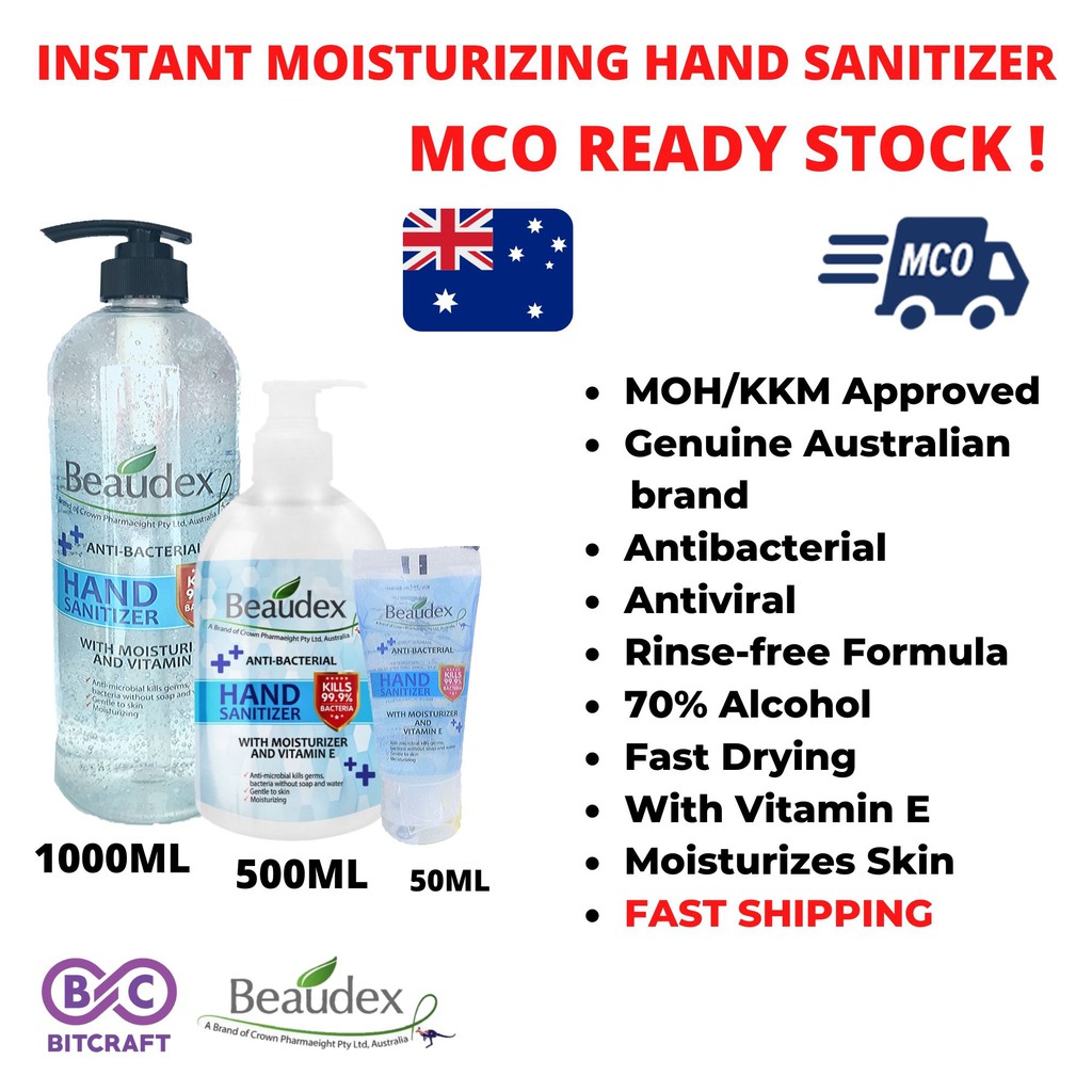 Ready Stock Fast Ship Genuine Beaudex Hand Sanitizer Sanitiser 70 Alcohol Gel Type 50ml 500ml 1000ml 1l Australia Brand