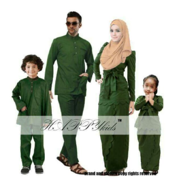 READYSTOCK GREEN SCALLOP FAMILY SET RAYA HIJAU BAJU 