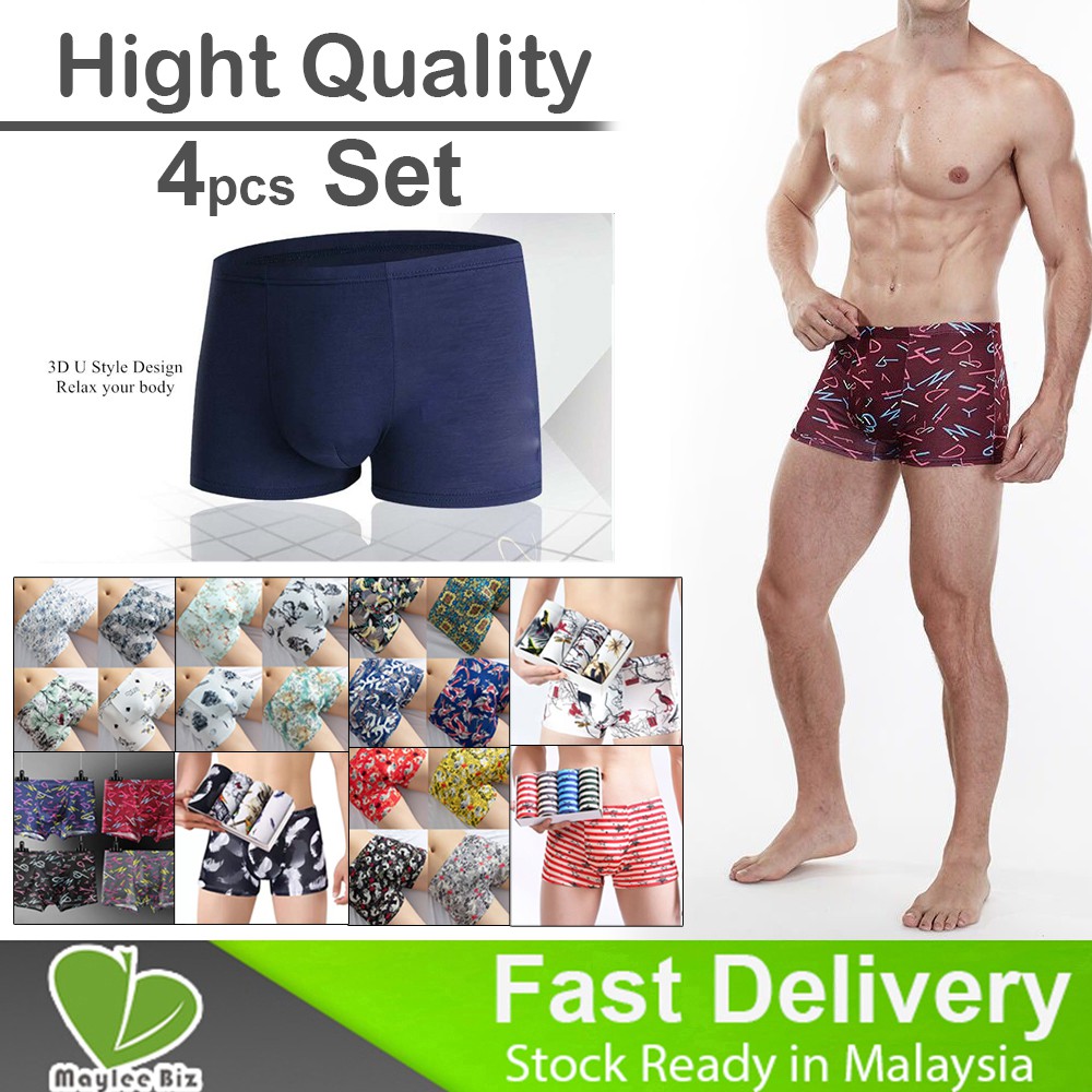 4Pcs/Set Milk Silk Boxer Breathable Trunk Soft Men Underwear Underpants Panties Solid Graffiti Seluar Dalam Lelaki