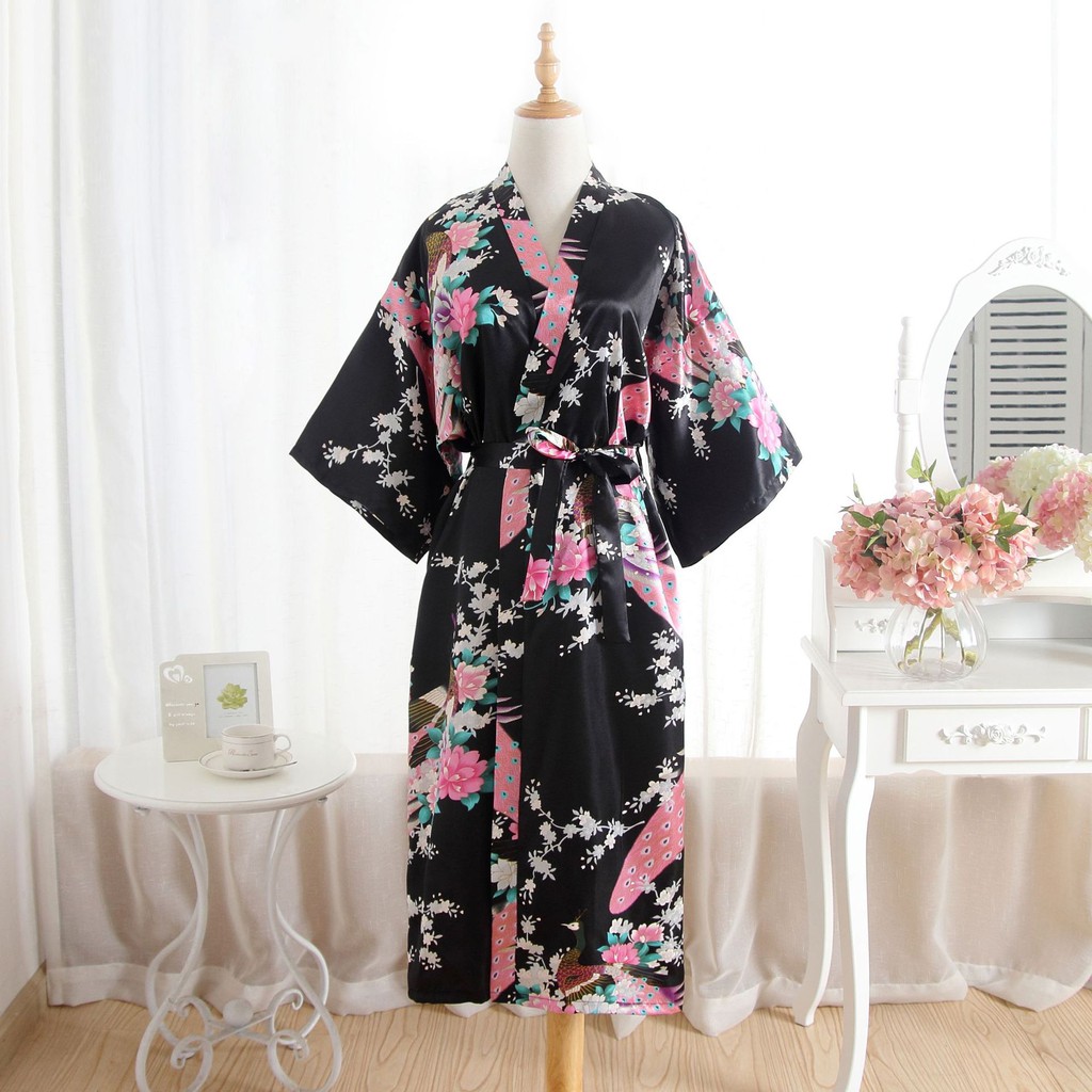 Women Sleepwear Satin Robe Floral Peacock Print Bathrobe Kimono Night Dressing 2 size