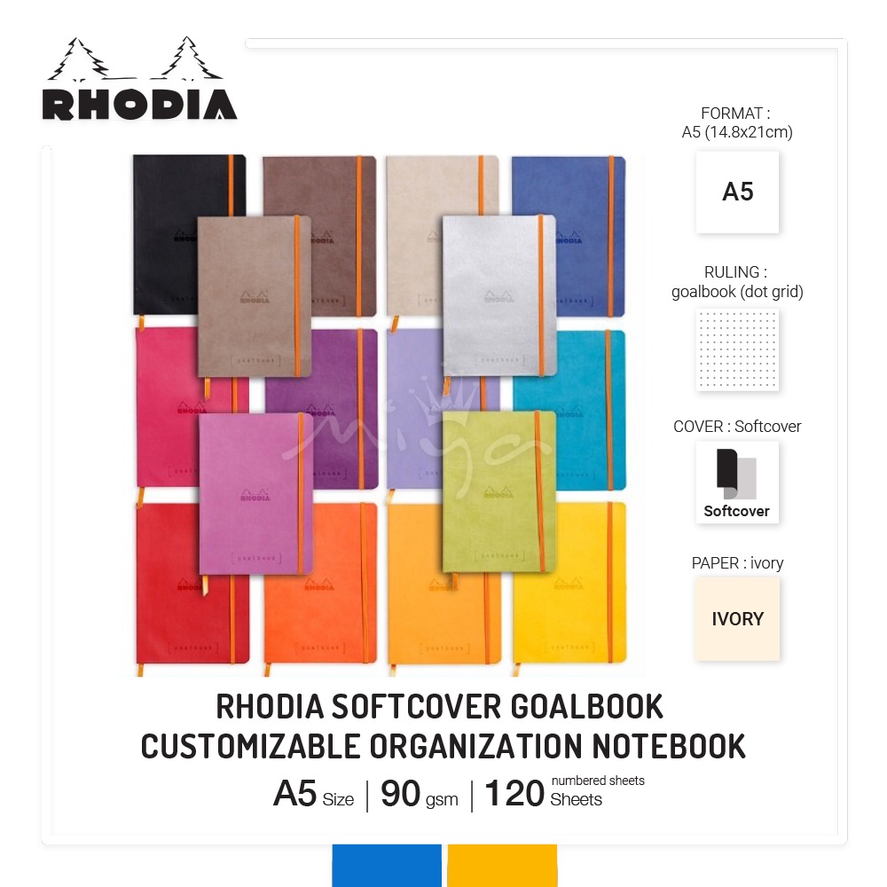 RHODIA 194158C - Rigid Notebook Bullet Journal Goalbook Creation Water A5 15 5x21x2 Cm 100 Pages Clairefontaine Paper Lavis Technique Plain White 200 G M 2 Ribbons Faux Leather Cover